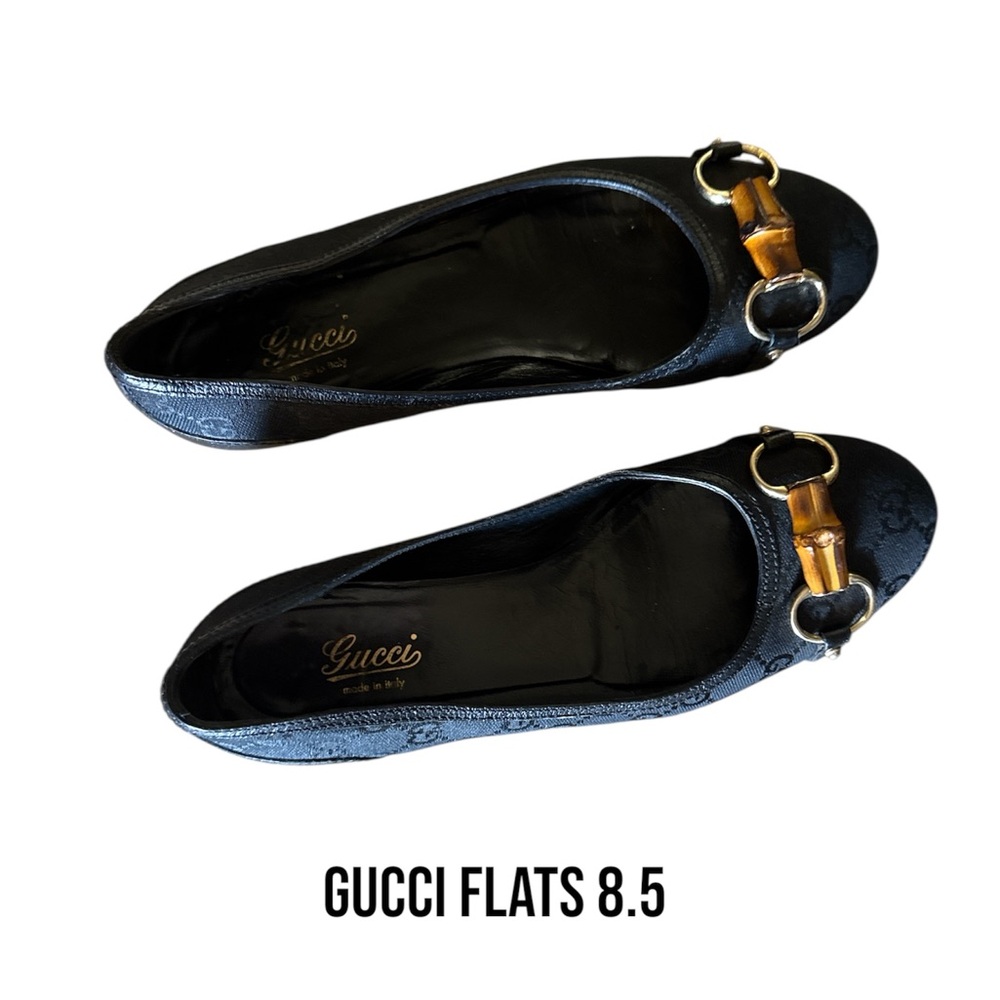 Gucci women’s Black GG print flats with Bamboo horse bit accent sz 8.5
